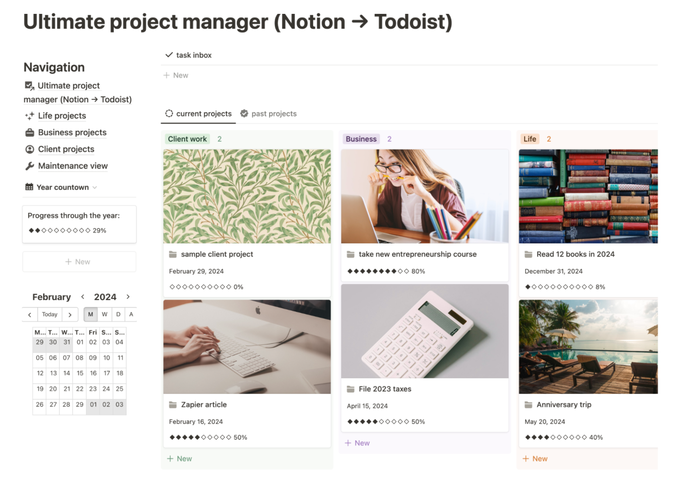 Screenshot of the Notion productivity template dashboard in Notion, with a navigation sidebar on the left and a gallery view of current projects on the right.