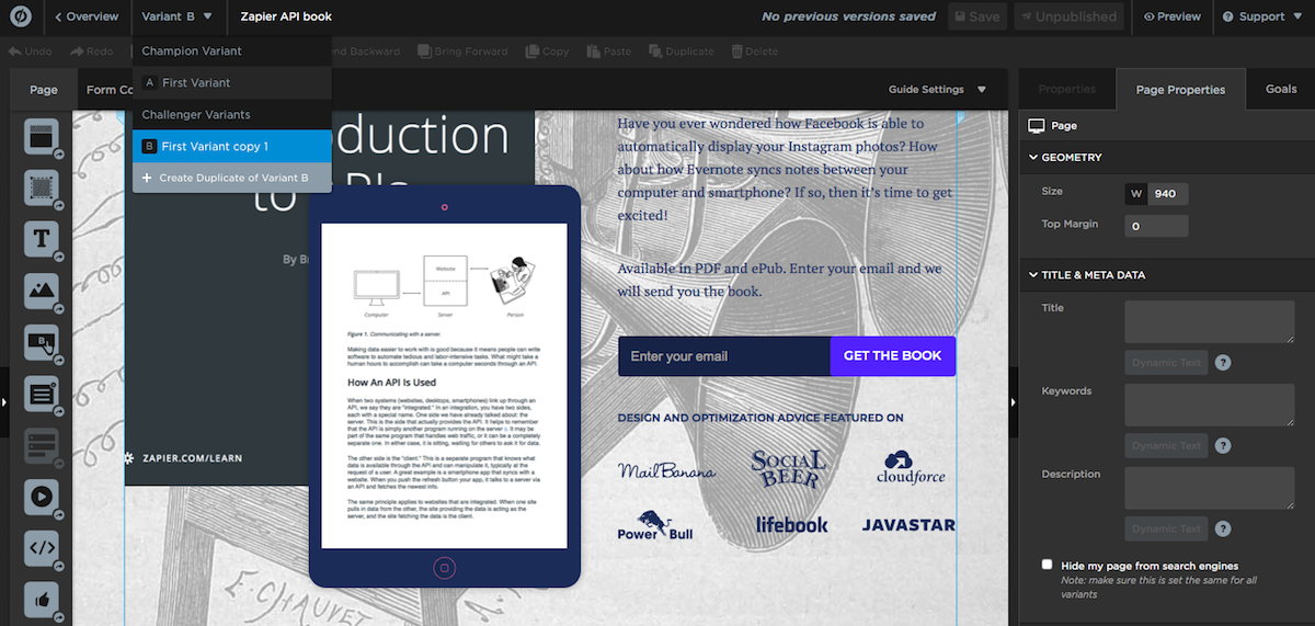 Unbounce A/B Test Screenshot