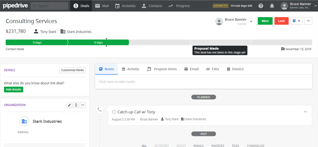 Add person button in Pipedrive CRM