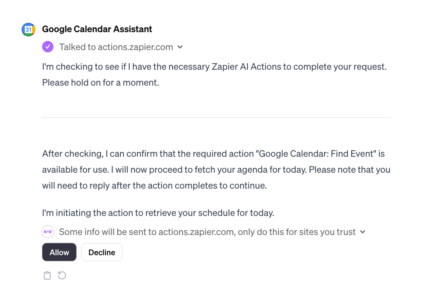 Screenshot of Google calendar action working