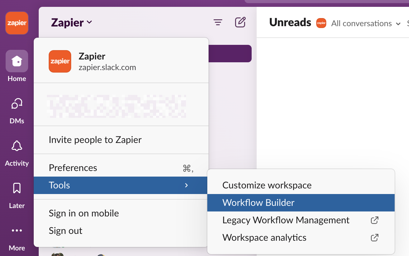 Opening the Slack Workflow builder