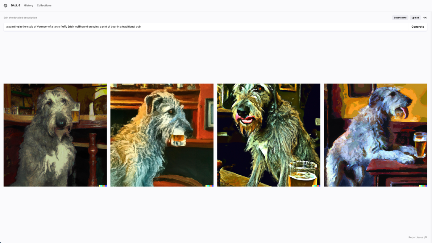 DALL-E 2 rendering of "A painting by Vermeer of an Irish wolfhound enjoying a pint in a traditional pub"