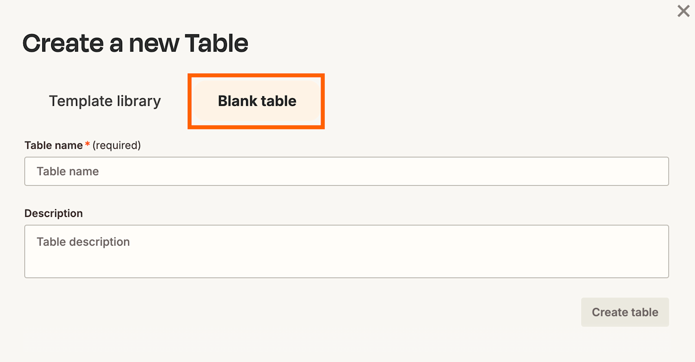 Screenshot of blank table