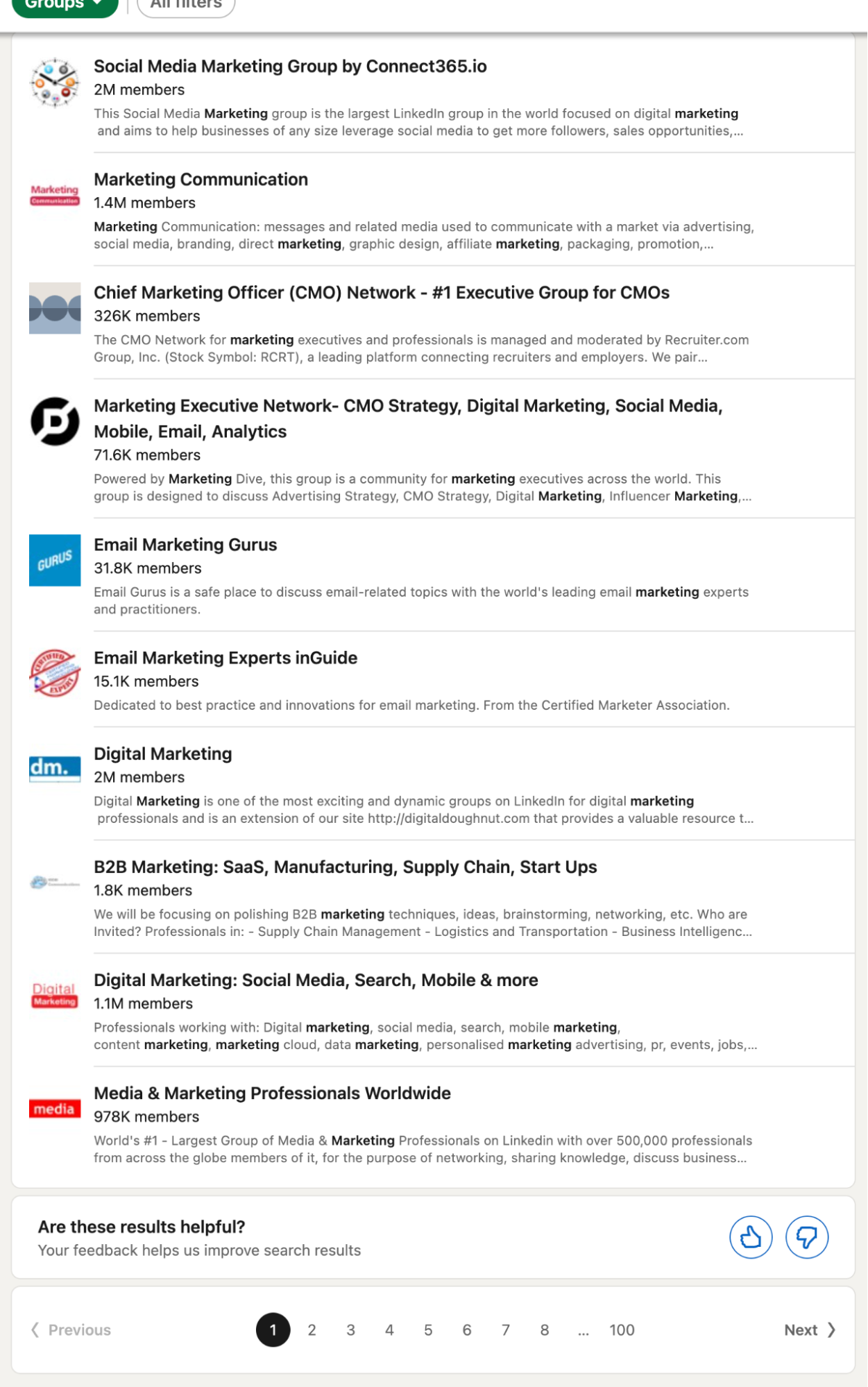 A list of LinkedIn groups for marketers
