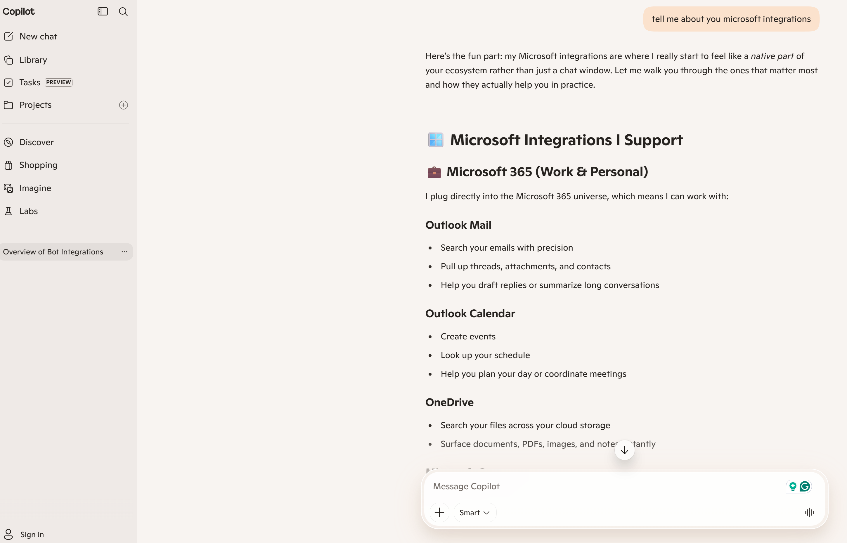 A screenshot of the Copilot chat window, where a user has asked it to describe its integrations with Microsoft. Copilot describes some of these integrations, including Outlook Mail and Calendar, and OneDrive