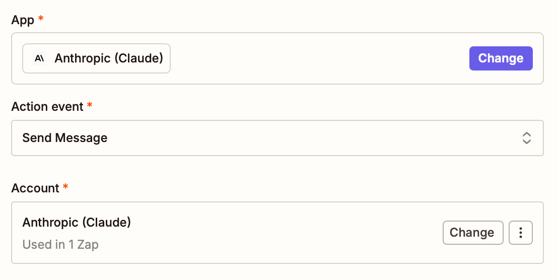 A window inside the Zap editor with options for selecting an app, action event, and account, all filled out