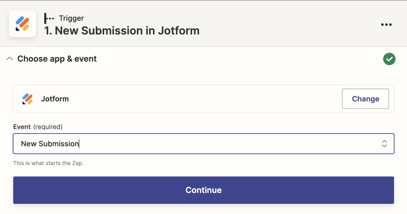 The Jotform app has been selected with new submission selected in the event field.