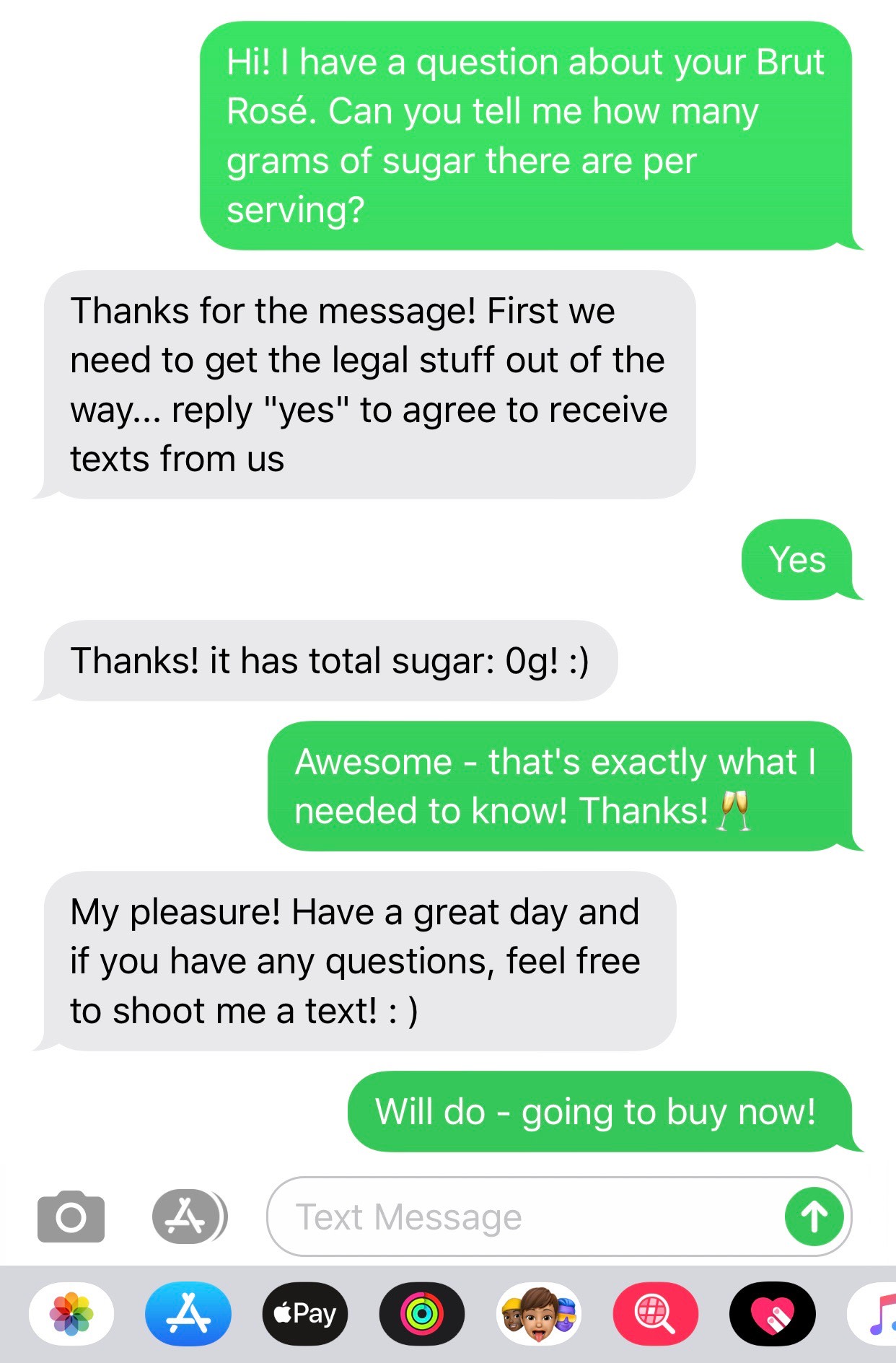 An entire text conversation between a customer and Usual Wines about the nutritional content of their wines