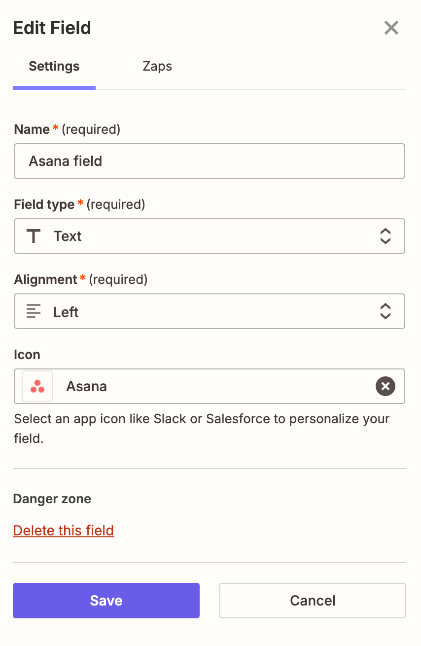 Screenshot of field settings