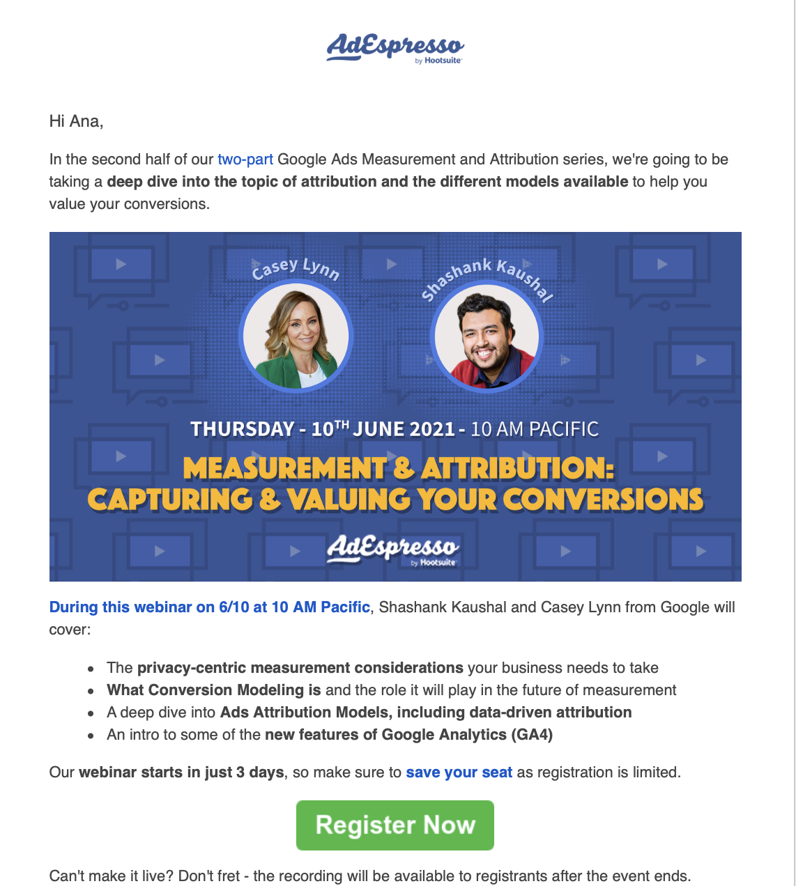 Screenshot from AdEspresso's content promotion email