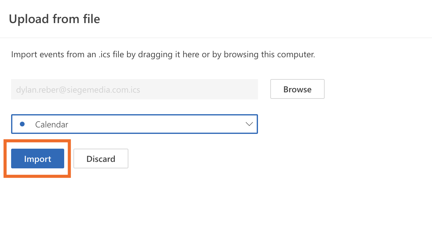 Image showing the button to import a .ics file into Outlook.