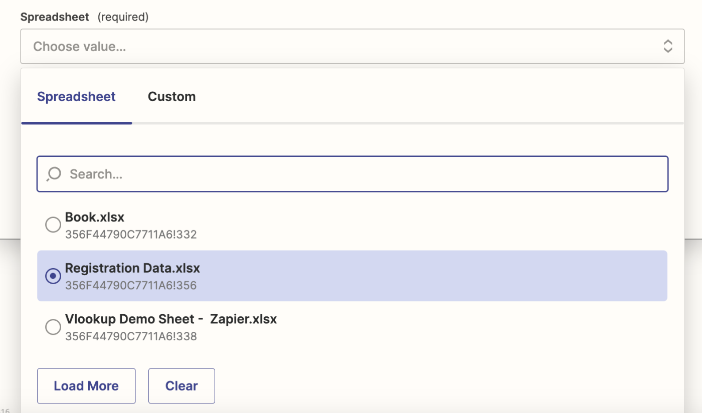 A dropdown shows a list of spreadsheets with Registration Data selected.