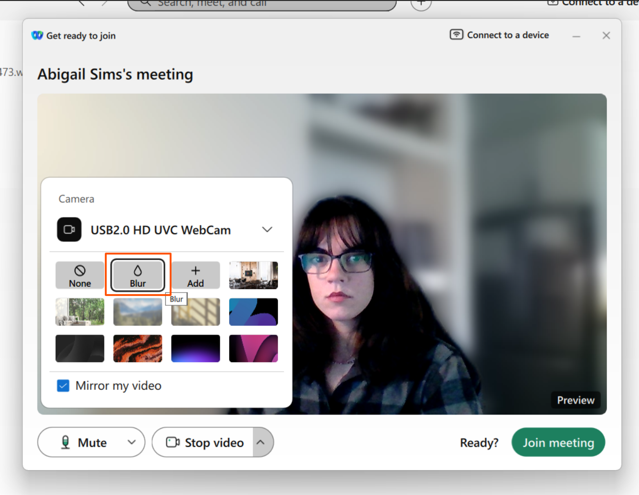 Screenshot of video options in Webex