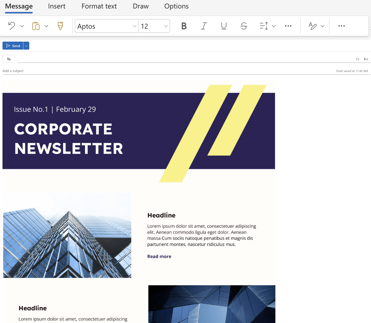 Screenshot showing an uploaded template in Outlook.