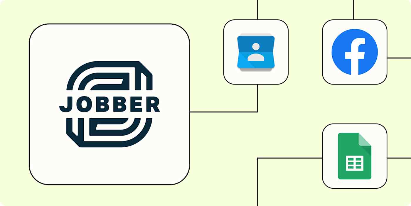 A hero image of the Jobber app logo connected to other app logos on a light yellow background.