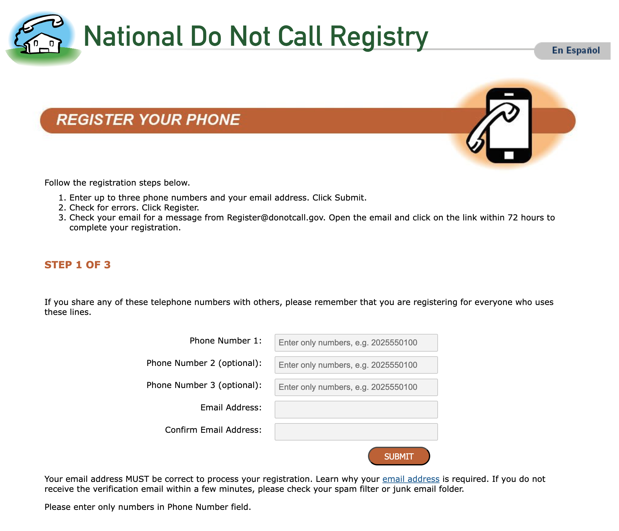National Do Not Call Registry registration page. 