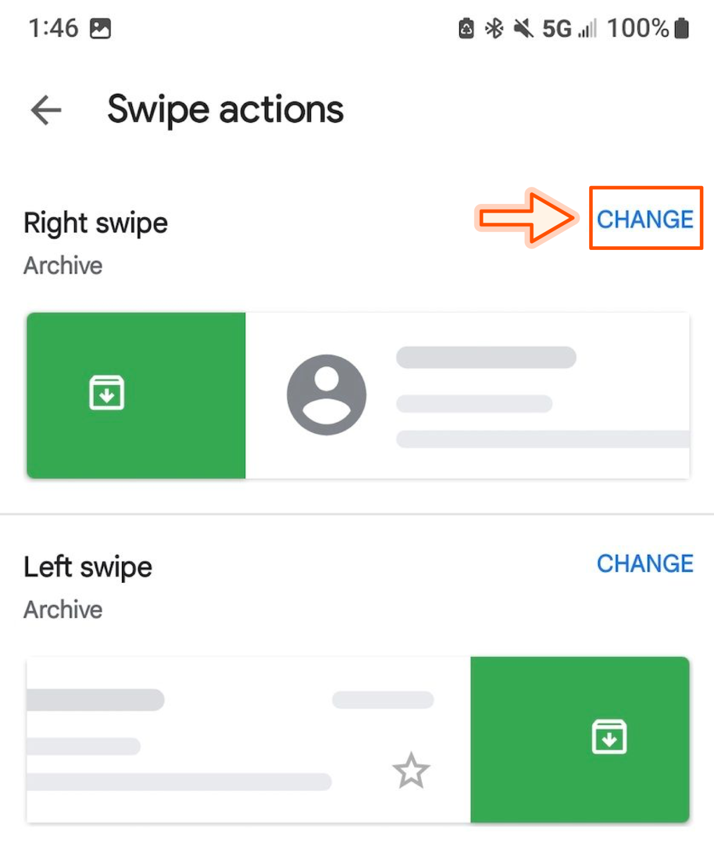 Екранна снимка на действията на прекарването на пръст върху приложението Gmail на Android