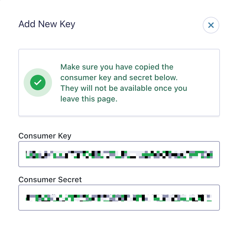 The text "Add New Key" above the fields "Consumer Key" and "Consumer Secret".