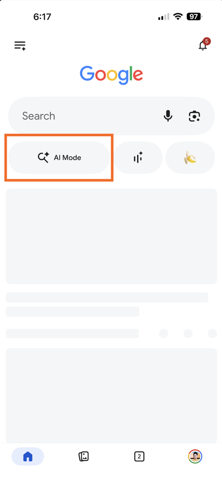 The Google app homepage on iOS with the "AI Mode" button highlighted