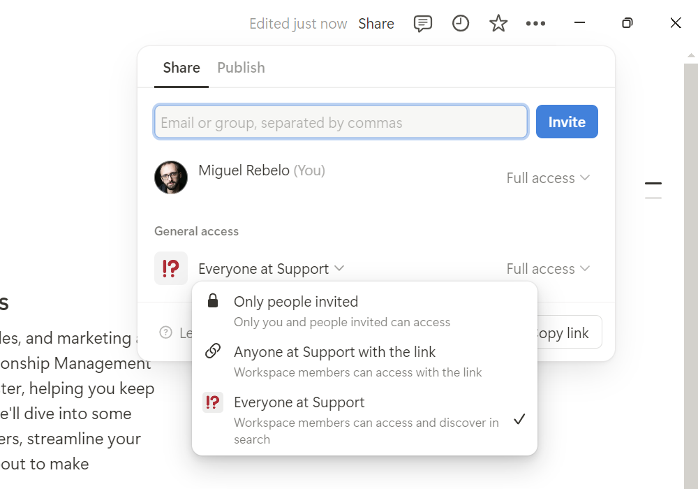 The sharing options in Notion