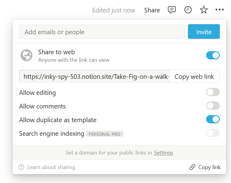 The sharing options in Notion