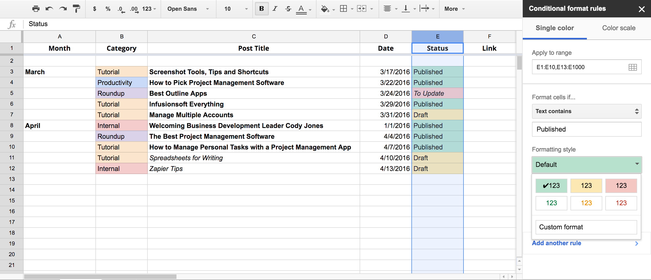 Google Sheets Editorial Calendar