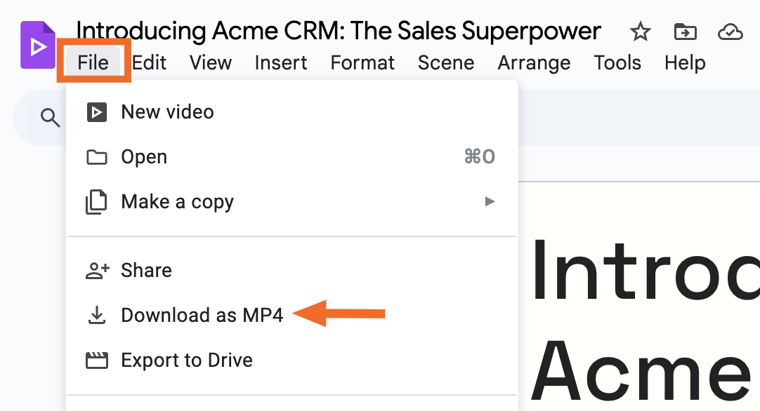 Expanded view of the file menu in Google Vids with an arrow pointing to download as MP4. 