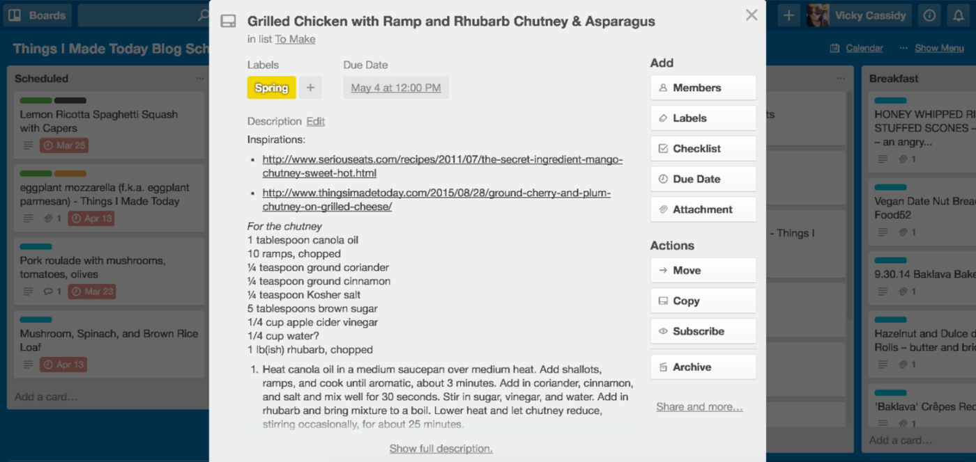 recipe in Trello card