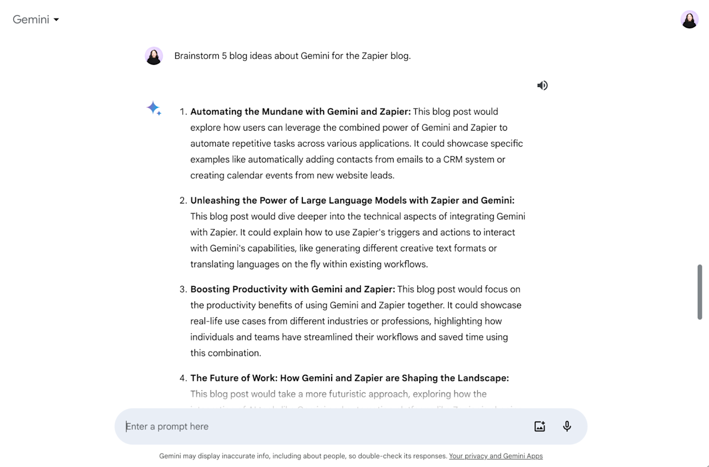 Gemini lists five articles ideas about Gemini for the Zapier blog.