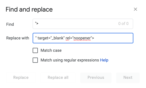 find and replace in Google Docs