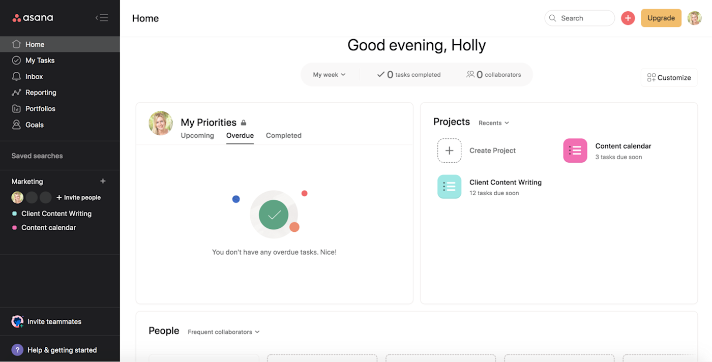 Asana vs. ClickUp: Asana's intuitive home screen