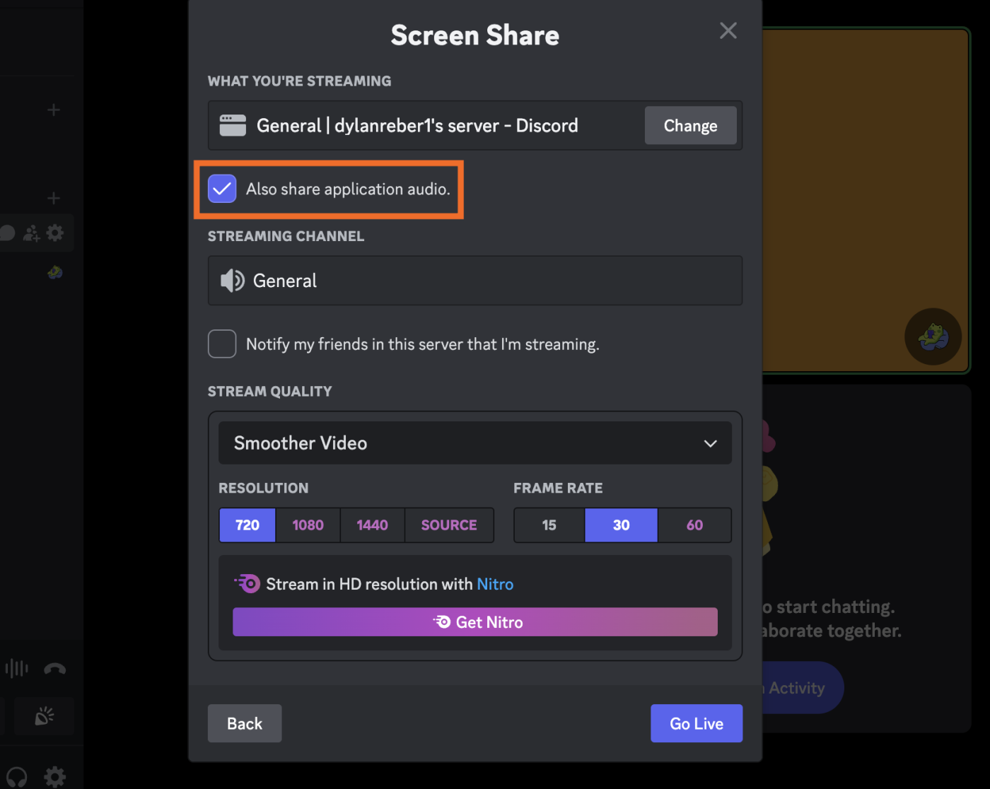 Image showing the audio toggle in Discord's screen share setting