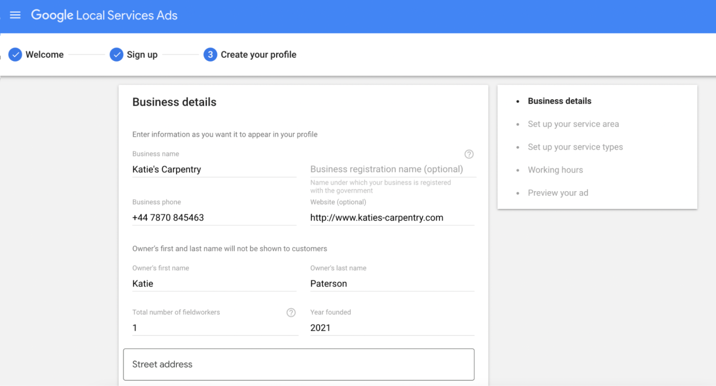 Google Local Services Ads page to set up a business profile. 