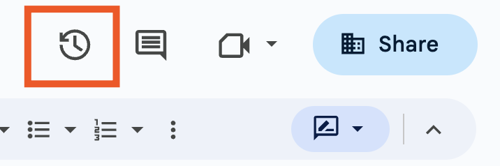 Portion of the menu in Google Docs with a box around the version history icon.