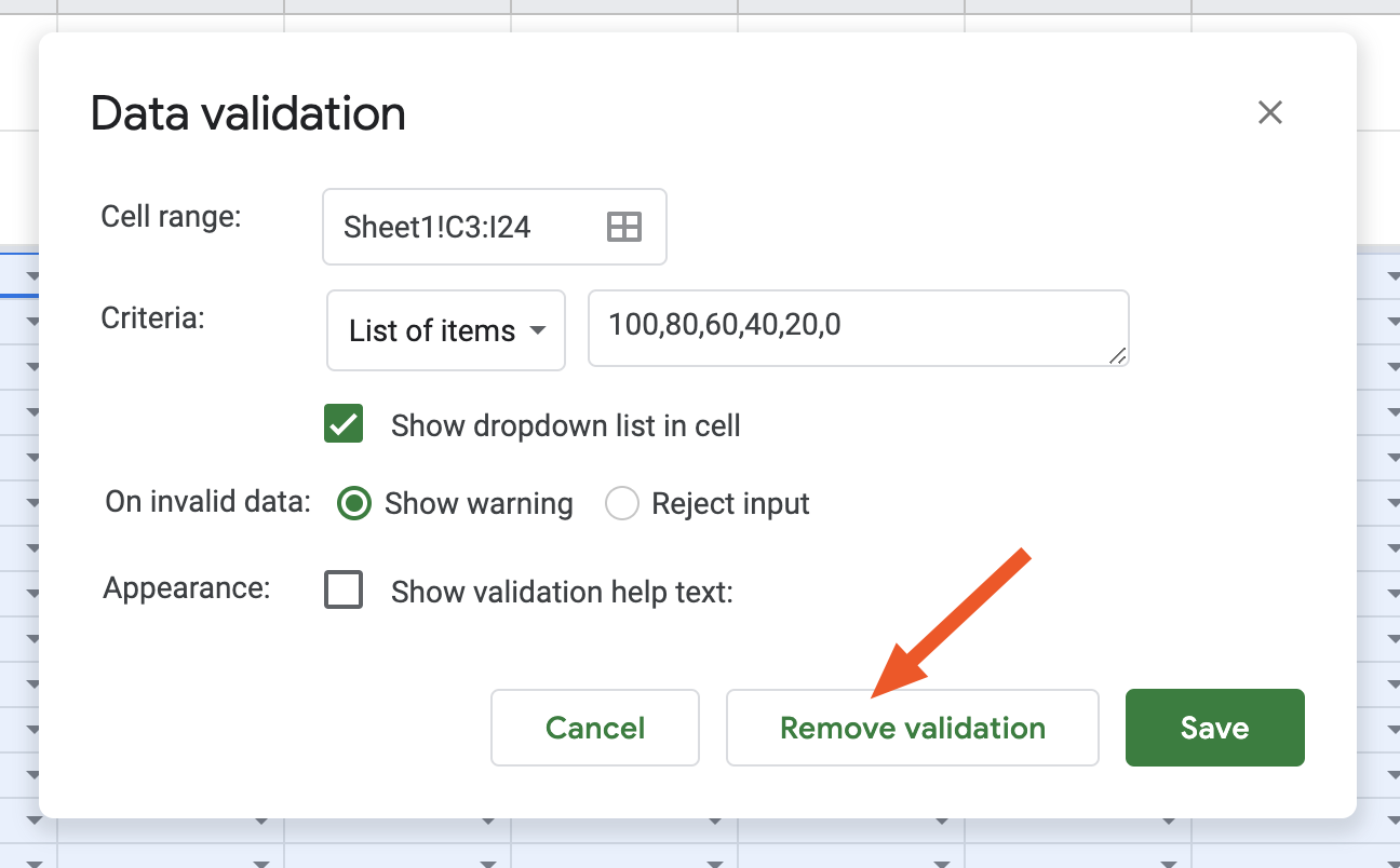 Showing how to remove data validation in Google Sheets