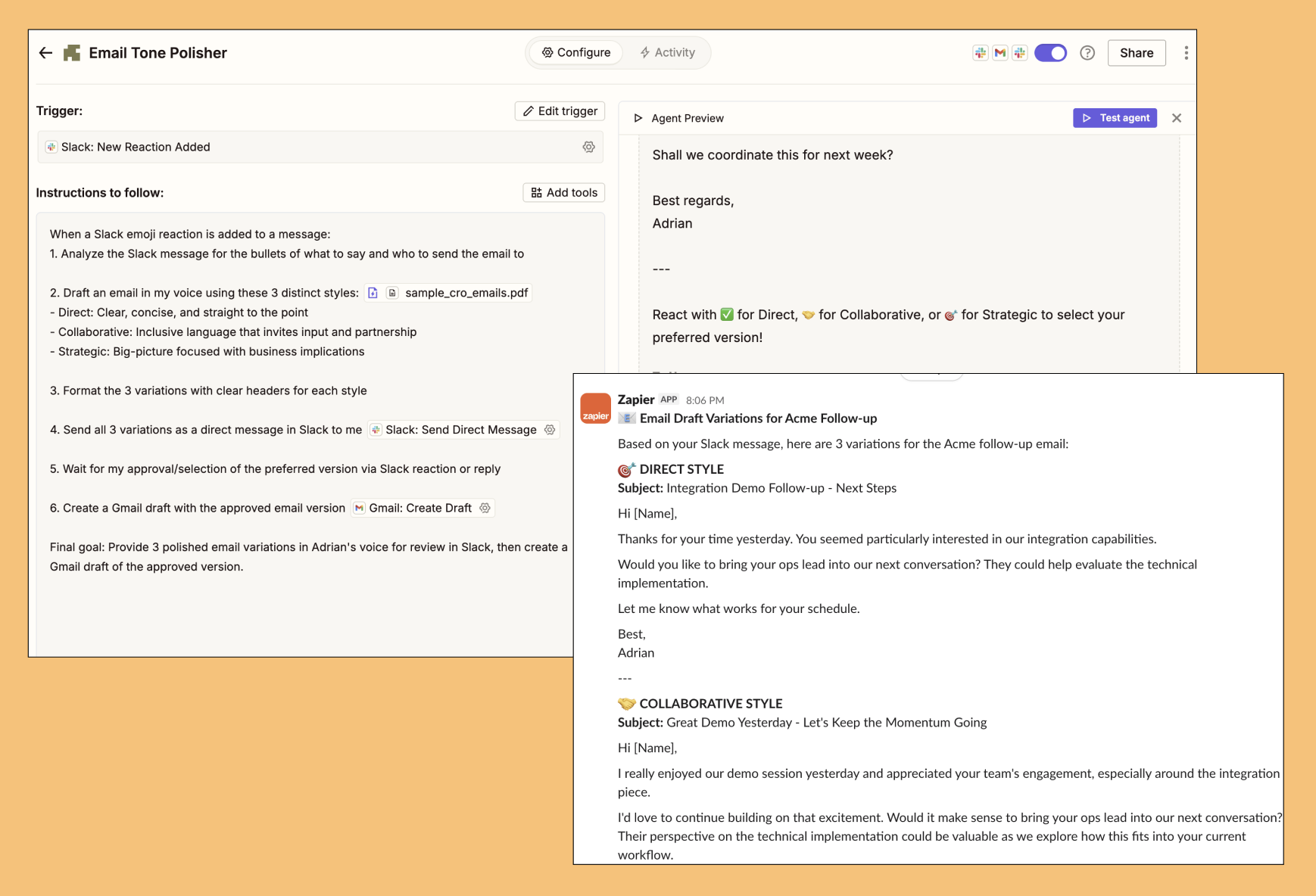 An email tone polisher agent in Zapier Agents.
