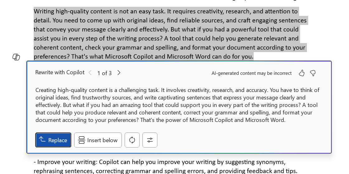 Rewriting with Microsoft Copilot in Word