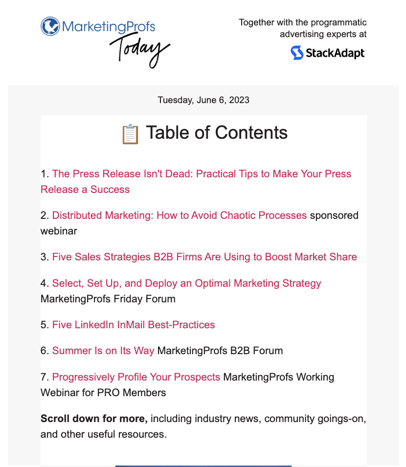 A screenshot of an email from MarketingProfs Today that serves as a table of contents with links to longer pieces of content.