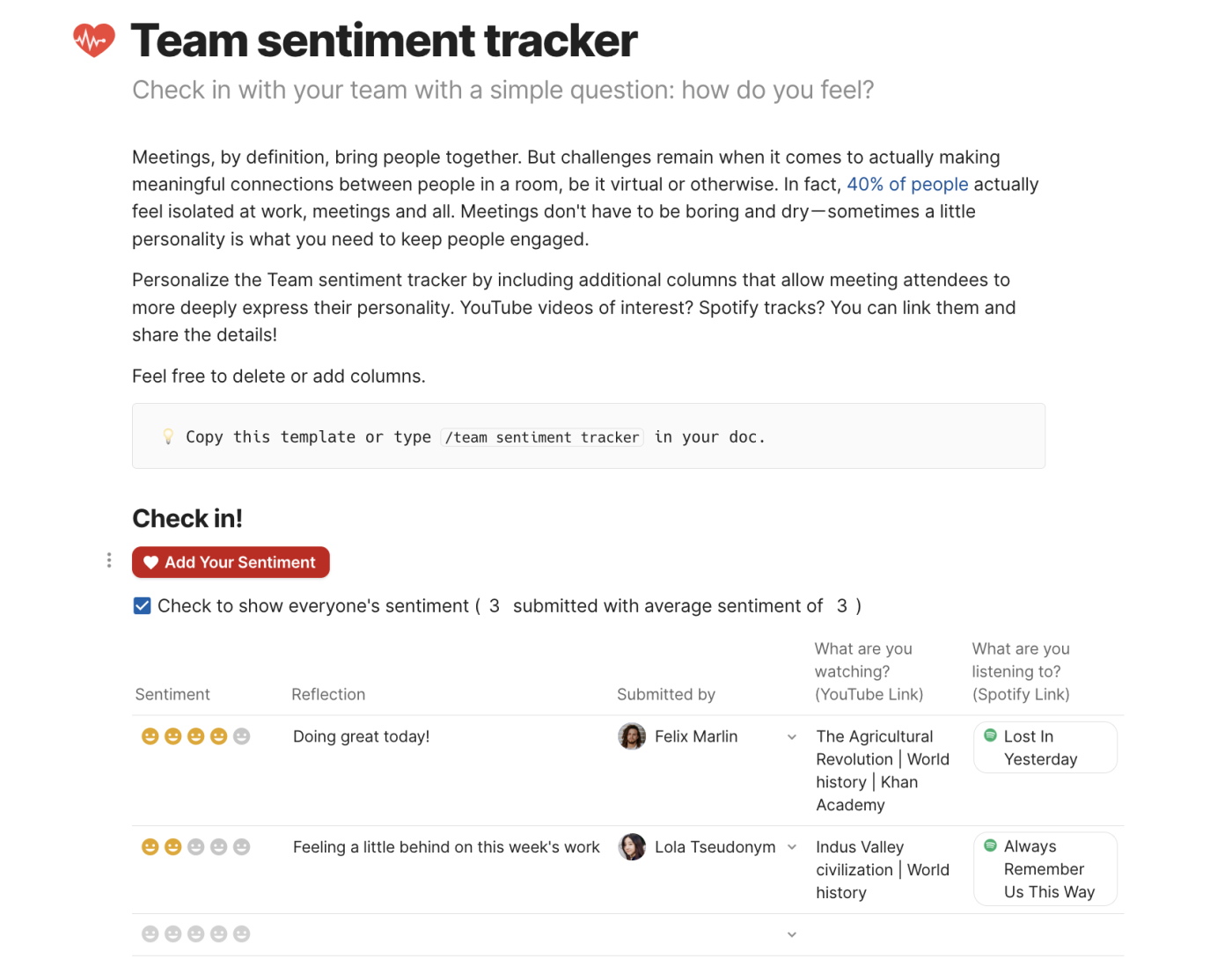 Coda's team sentiment tracker