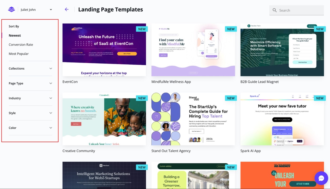 Landing page templates in Leadpages