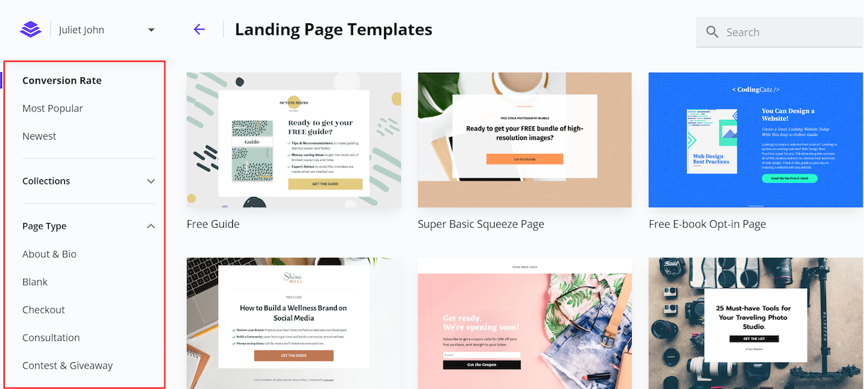 Landing page templates in Leadpages