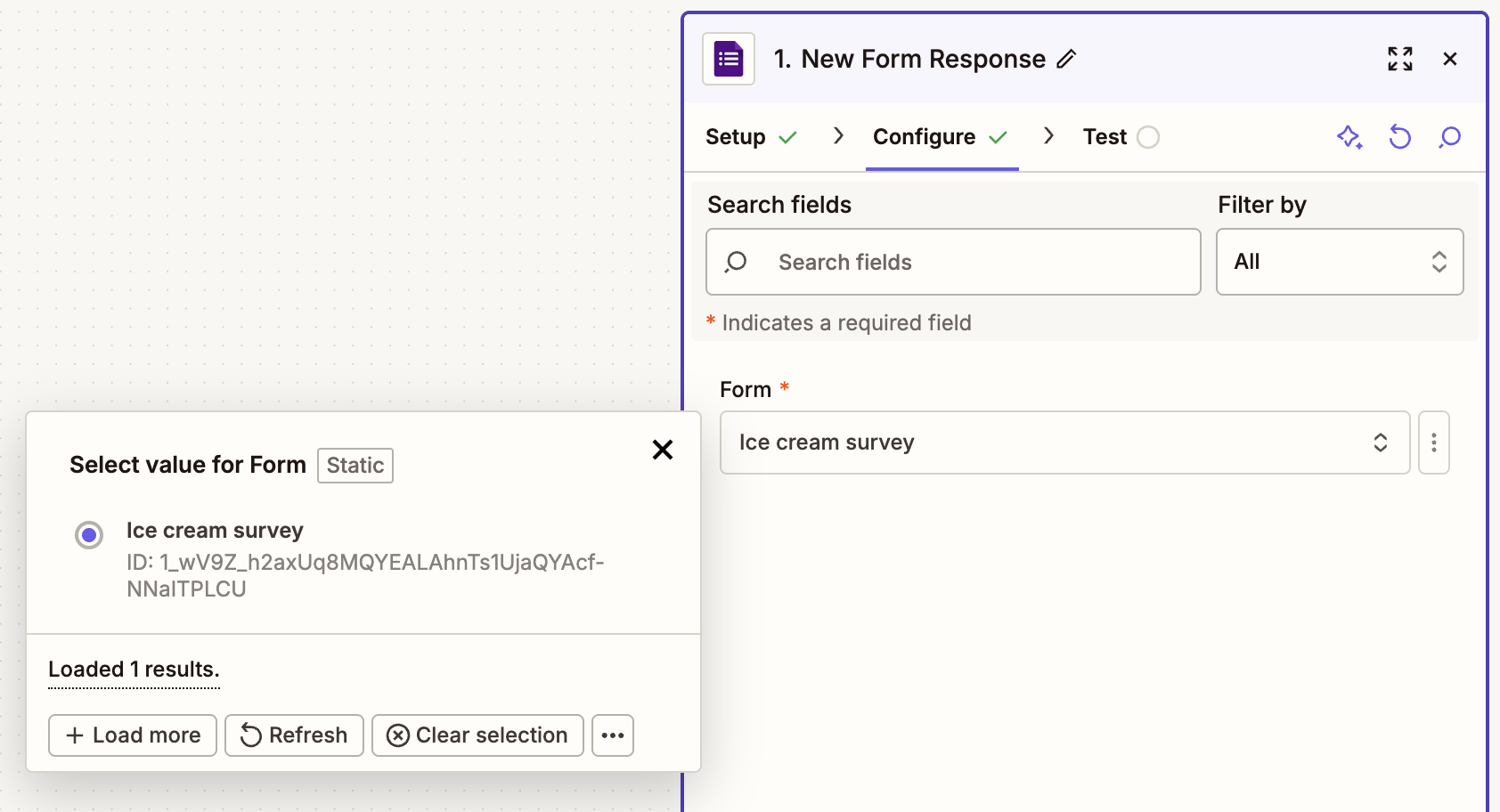 A trigger step in the Zap editor that shows the Event modal open with two different trigger event options listed.