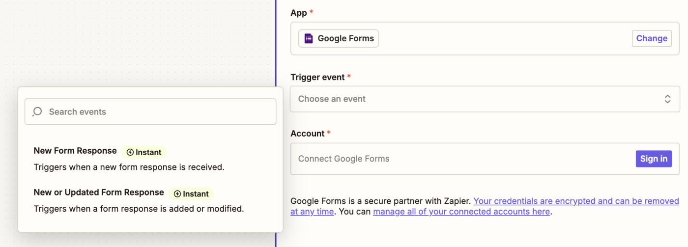 A trigger step in the Zap editor that shows the Event modal open with two different trigger event options listed.