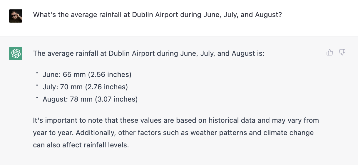 ChatGPT results for average rainfall at Dublin airport