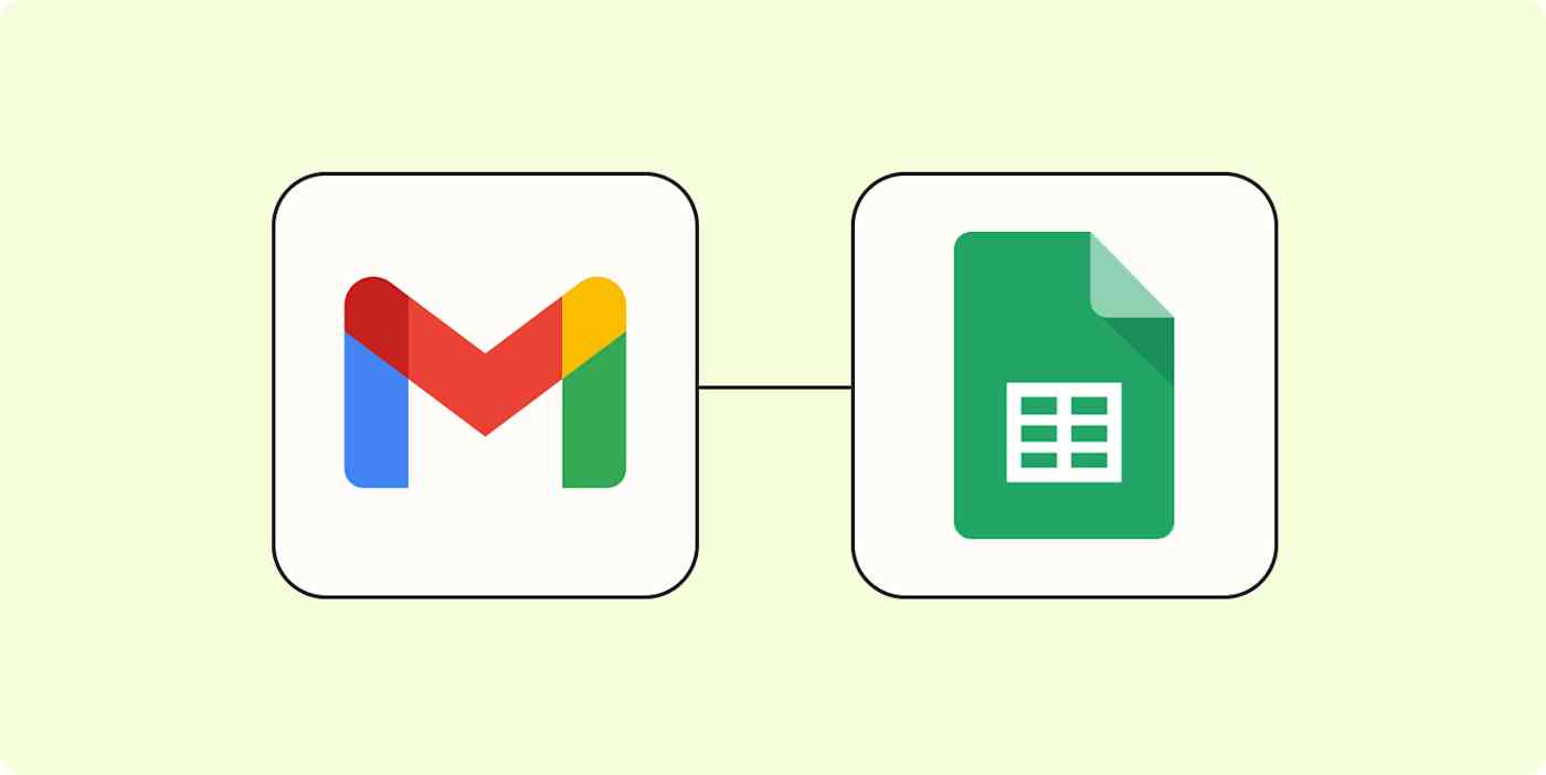 A hero image of the Gmail app logo connected to the Google Sheets app logo on a light yellow background.