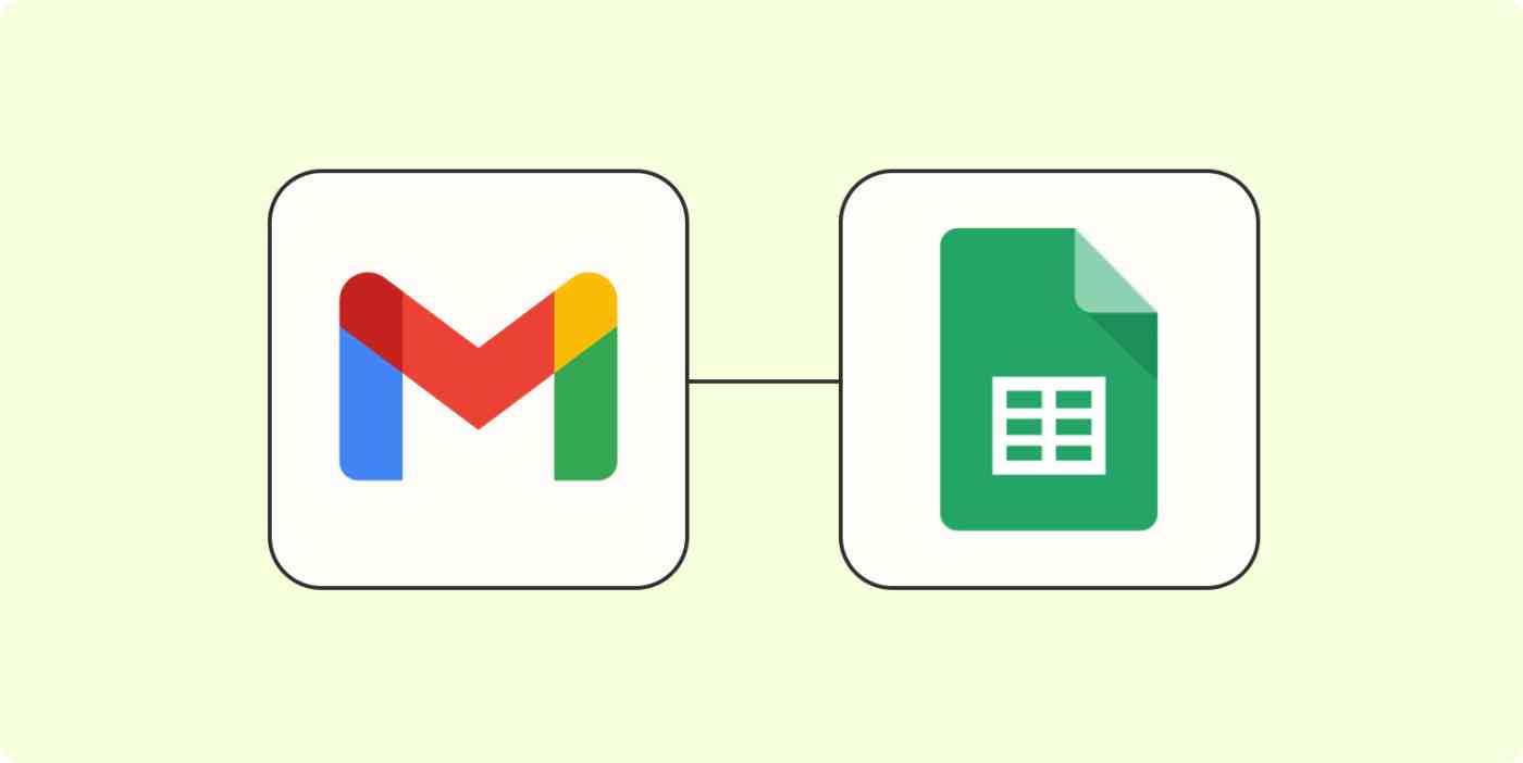 A hero image of the Gmail app logo connected to the Google Sheets app logo on a light yellow background.