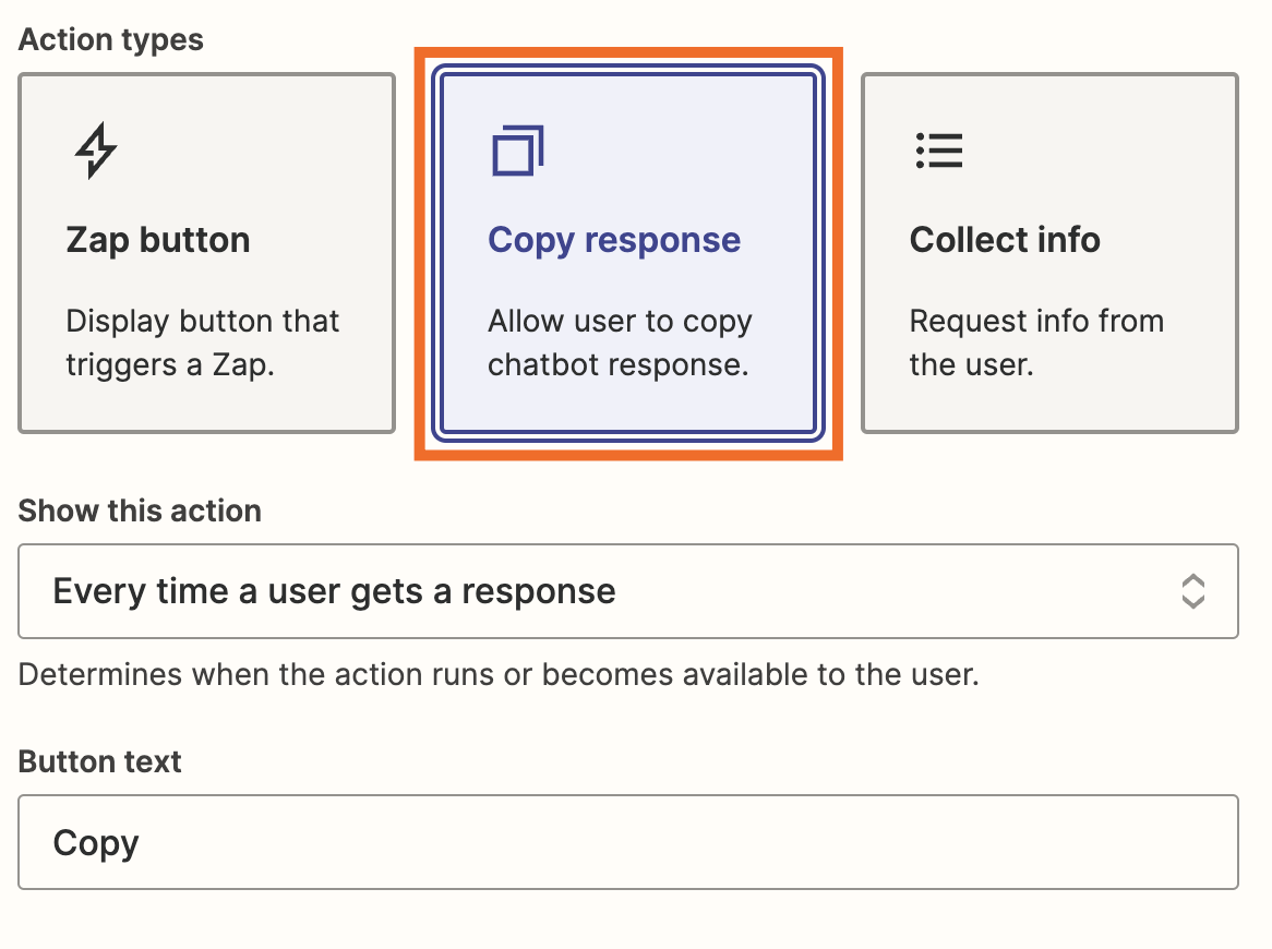 Screenshot of copy response button