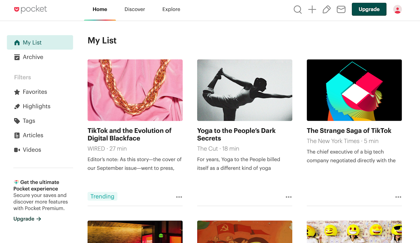A screenshot of Pocket