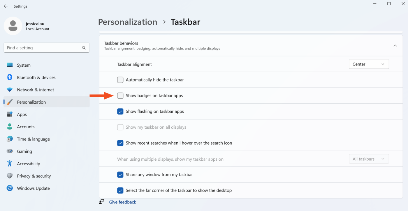 Taskbar personalization settings in Windows 11.