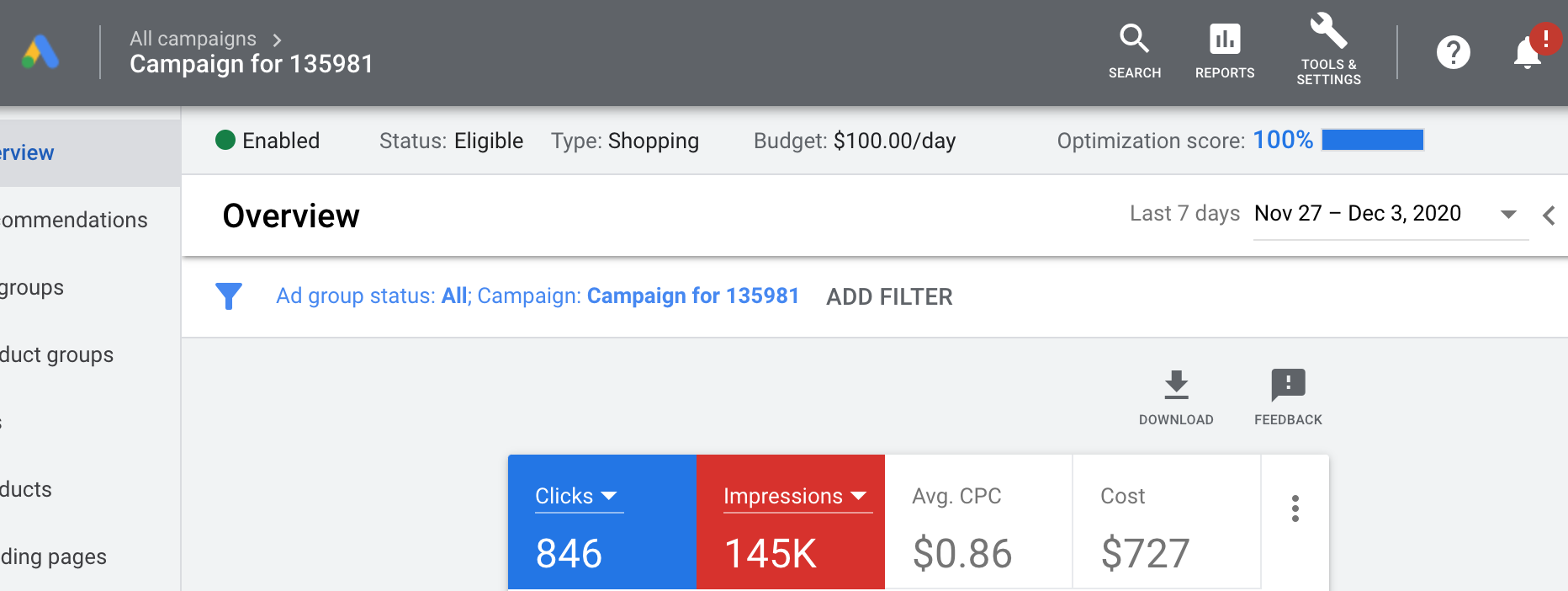 A look at our 100% optimized Google Smart Shopping retargeting campaign